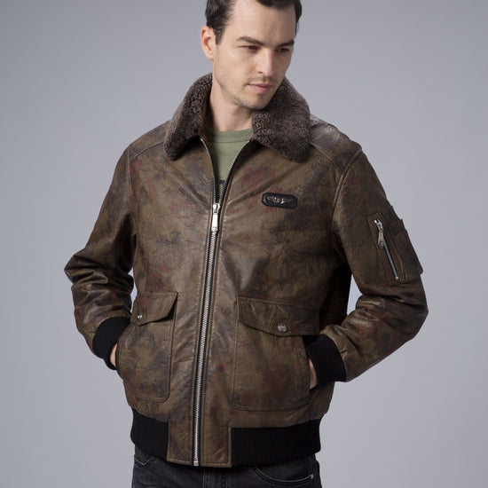 Green G-1 Navy Leather Flight Jacket with Removable Fur Collar