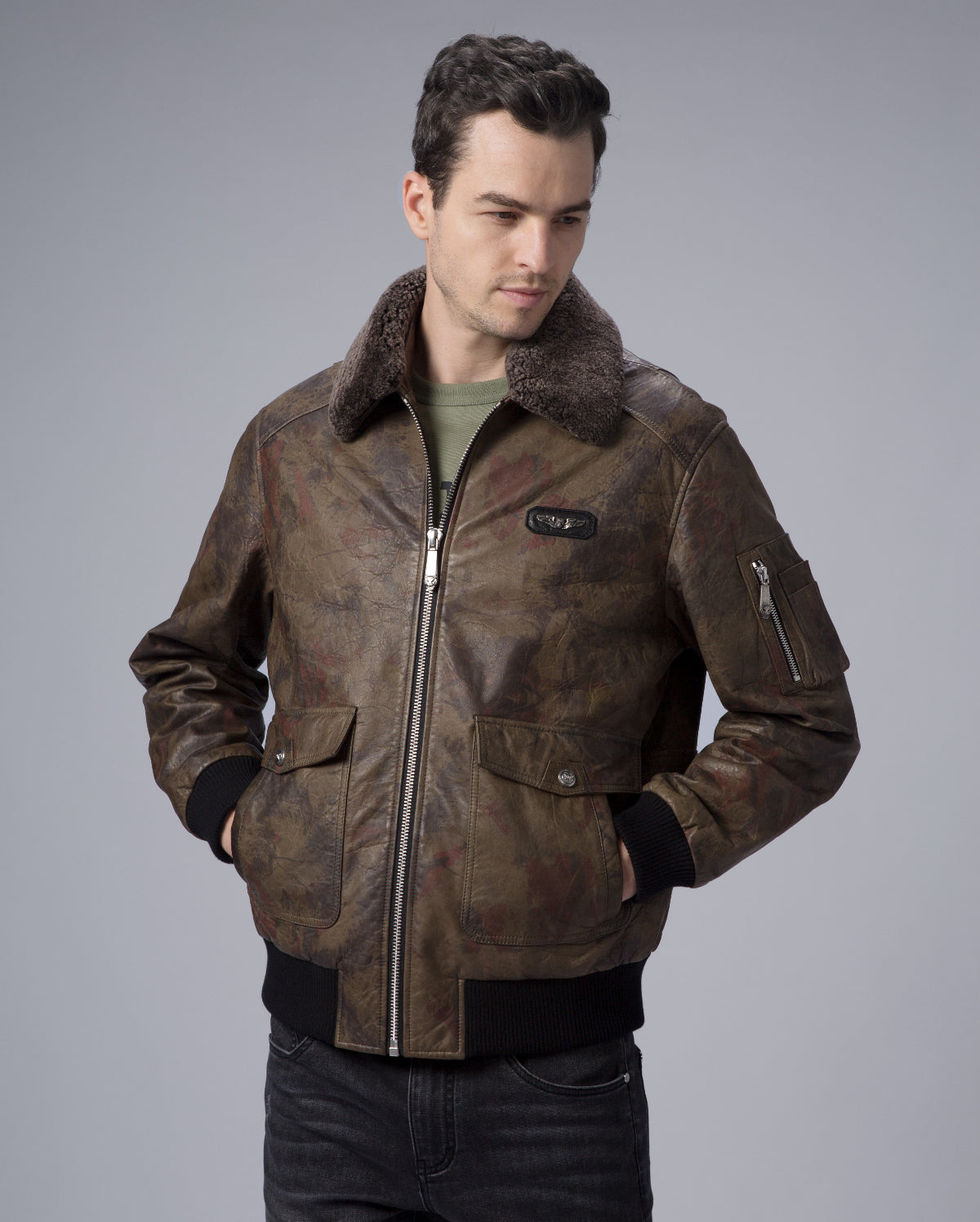 Green G-1 Navy Leather Flight Jacket with Removable Fur Collar