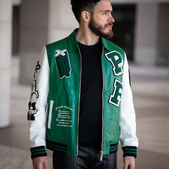 Black-Green Lambskin Letter Patched Leather Varsity Bomber Jacket ...