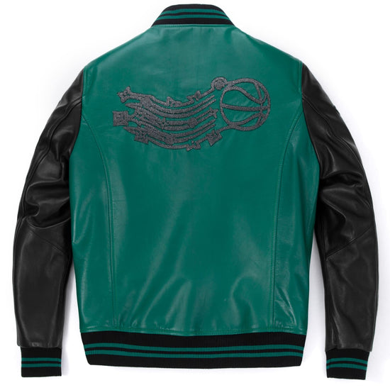Classical Mens Black-Green Leather Varsity Letterman Bomber Jacket | Genuine Leather Varsity Jackets for Mens | Palaleather , Green & Black / XL