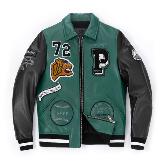 Patched Splicing Genuine Leather Varsity Jacket