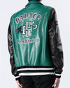 Patched Splicing Genuine Leather Bomber Varsity Jacket