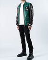 Patched Splicing Genuine Leather Bomber Varsity Jacket