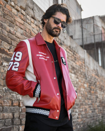 Red Button Leather Bomber Varsity Trucker Jacket