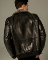 Embroidered Vegetable Tanned Fur Collar Bomber Moto Leather Jacket Black