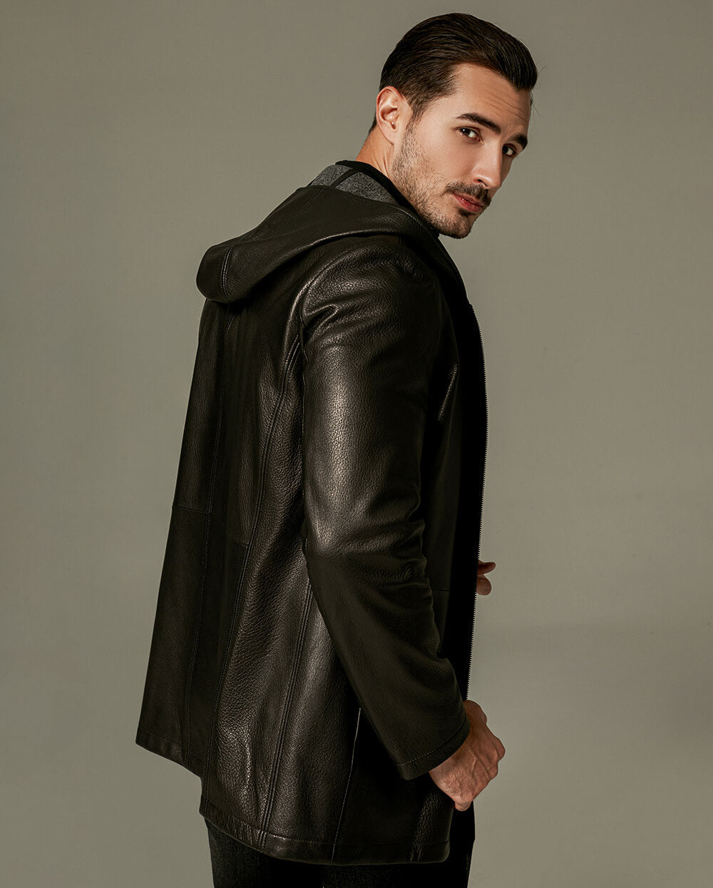 Businessman Hooded Leather Coat with Poly Lining