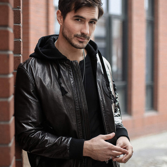 casual hooded bomber leather jacket