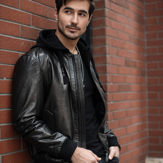 Casual Hooded Bomber Leather Jacket For Men | PalaLeather