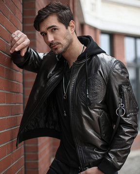 Casual Hooded Bomber Leather Jacket For Men | PalaLeather