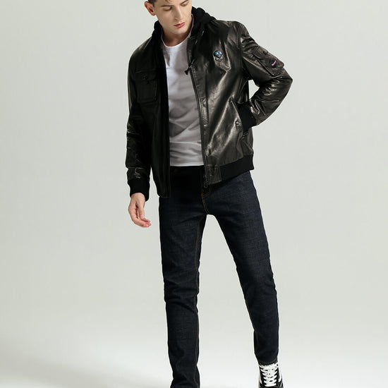 Casual Minimal Goatskin Leather Jacket with Knitted Hood