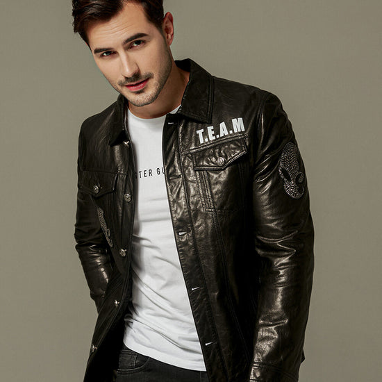 Men's Fashion Printed Denim Genuine Leather Jacket | PalaLeather