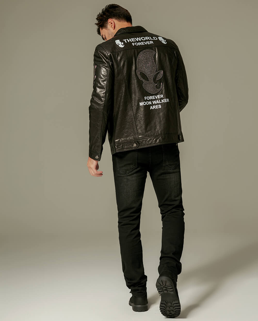 Casual Rhinestoned printed Denim Leather Jacket