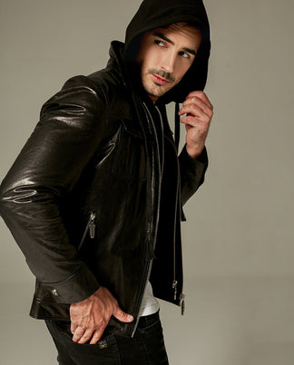 Best Men's Black Hooded Genuine Leather Jacket | PalaLeather