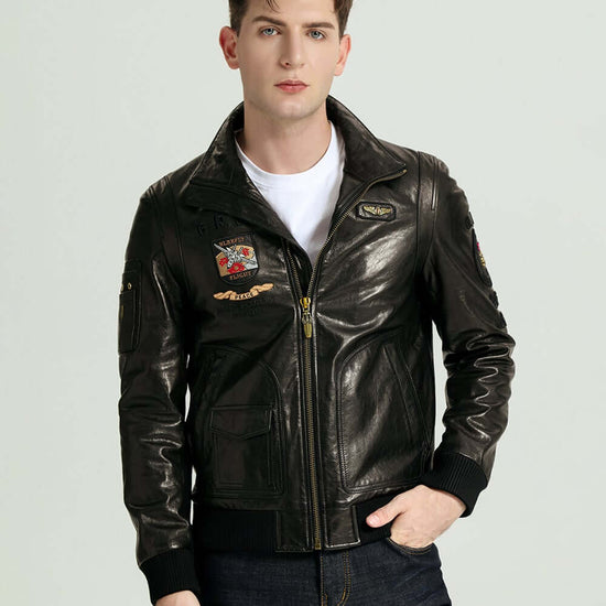 Embroidered Stand Collar Vegetable Tanned Goatskin Jacket