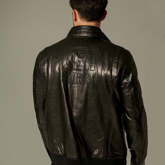 High-Neck Appliqued Vegetable-Tanned Goatskin Leather Jacket