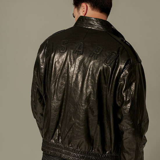 High-Neck Bi-Swing Appliqued Goatskin Leather Jacket