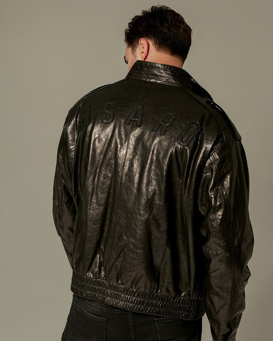 High-Neck Bi-Swing Appliqued Goatskin Leather Jacket