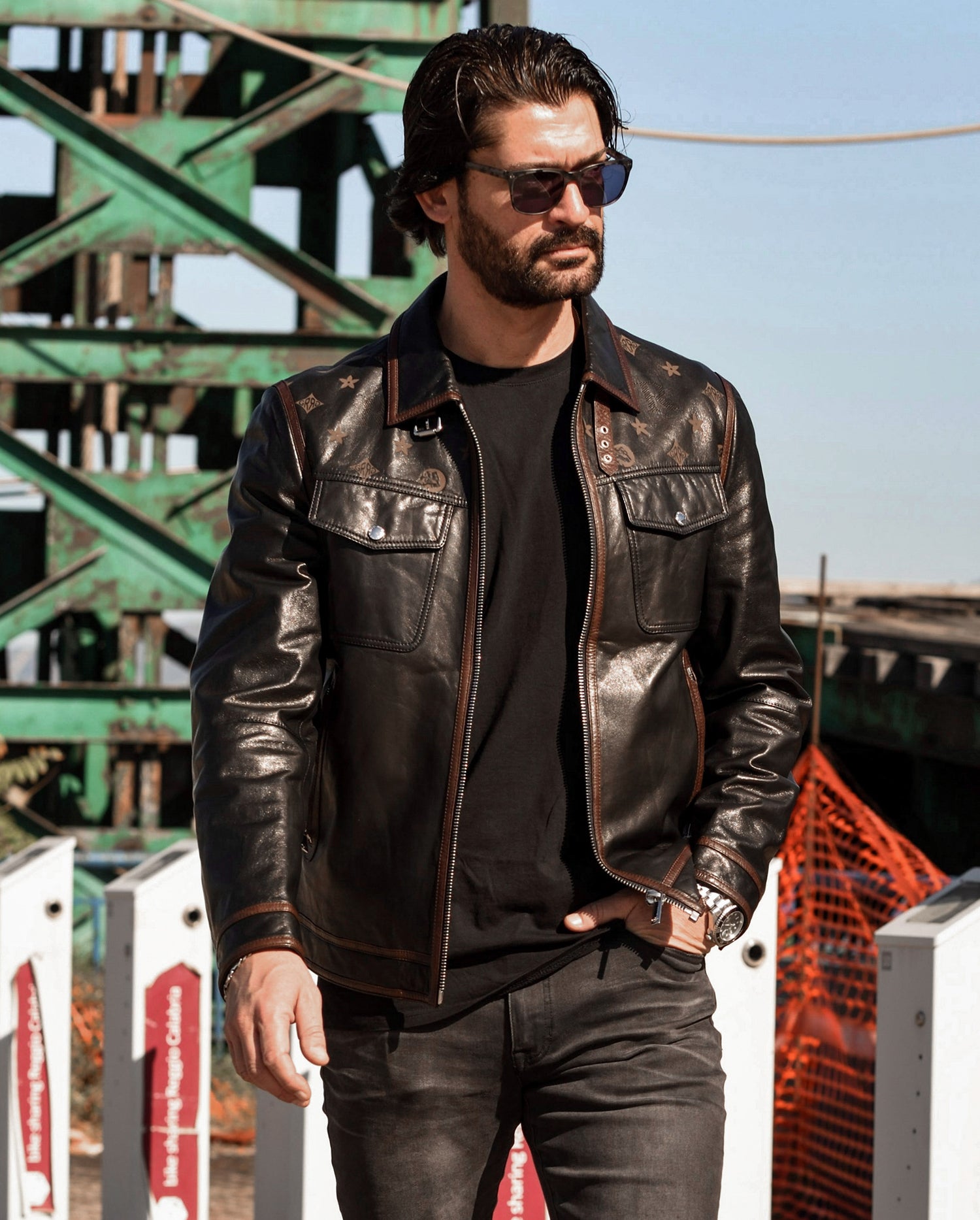 Louis Vuitton Monogram Leather Trucker Jacket BLACK. Size 50
