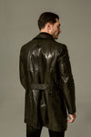 Black Genuine Goatskin Belted Leather Trench Coat
